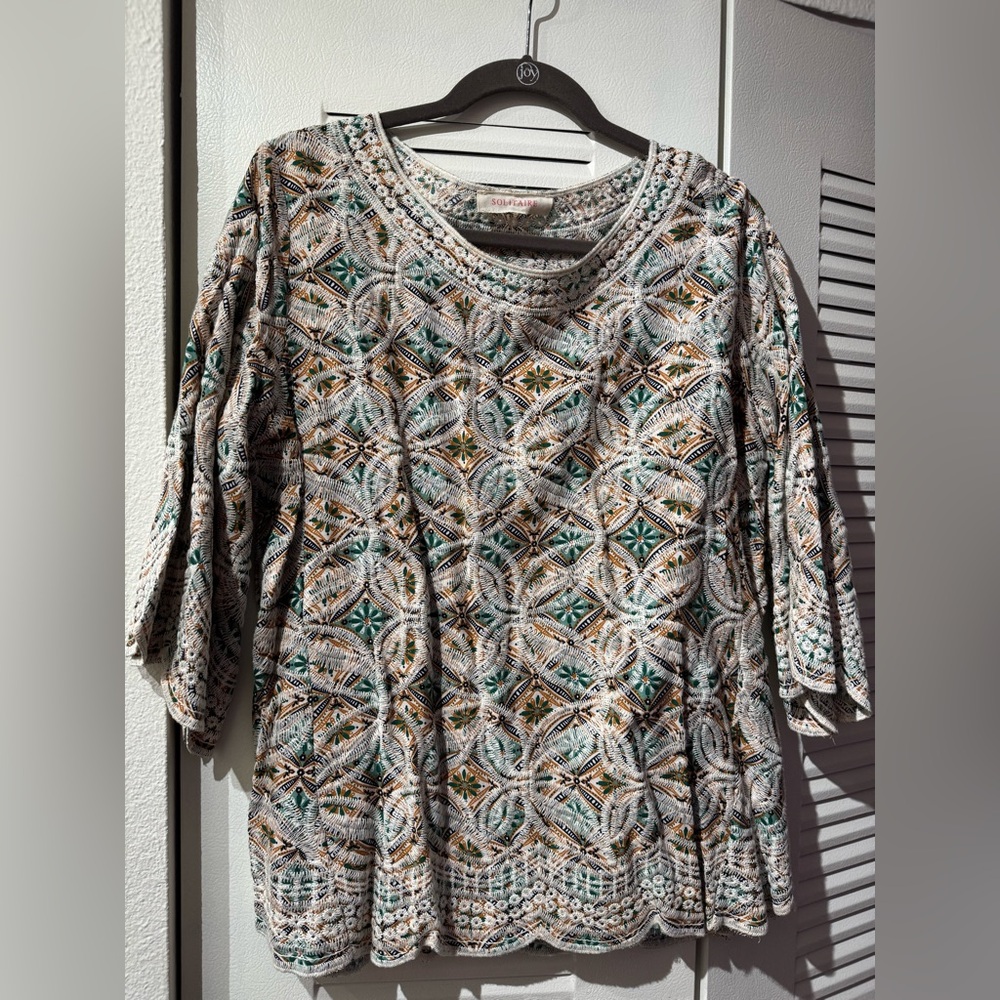 Solitaire Cream, Teal & Gold Geometric Crochet-Trim Tunic